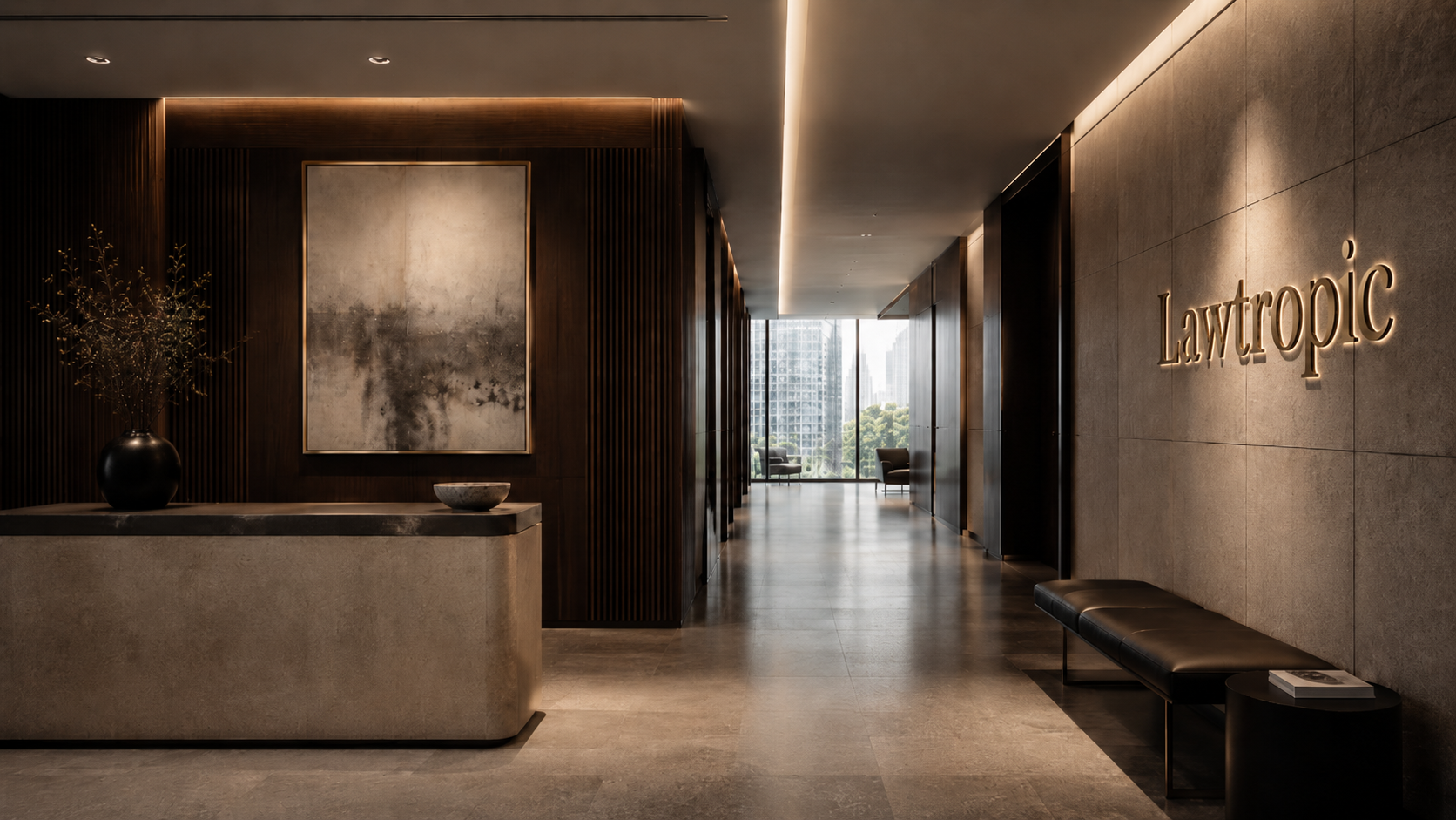 Area reception sobria e accogliente con luce naturale.